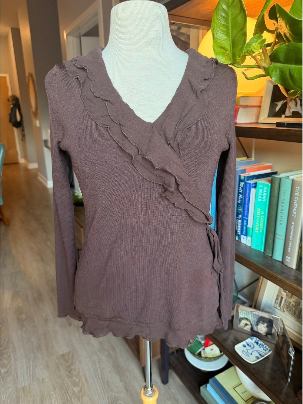 Vintage Kenar Brown Long Sleeve Silk Ruffle Wrap Sweater Top Medium